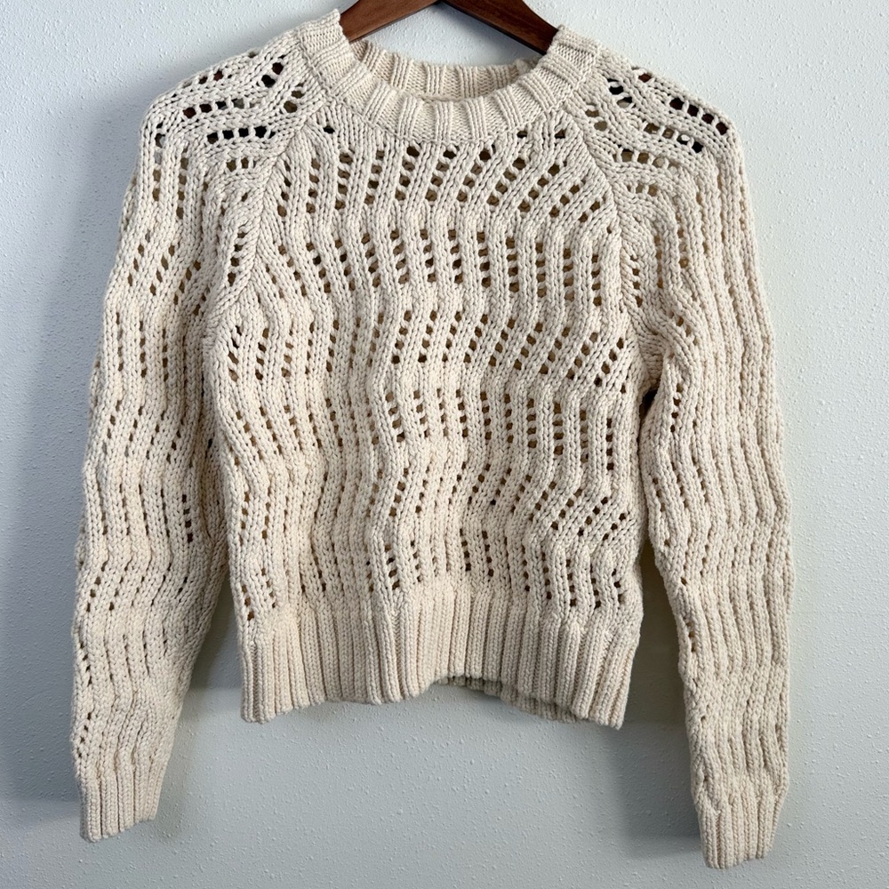 American Eagle Chunky Open Knit Sweater Cream Cropped XS